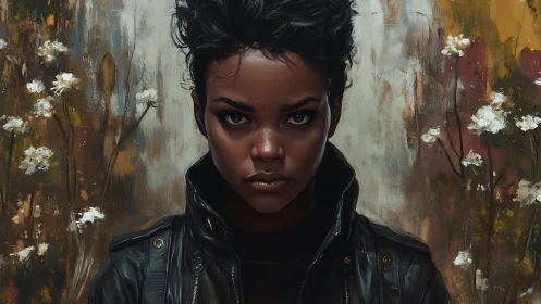 Intense portrait of woman in leather amid muted florals.
