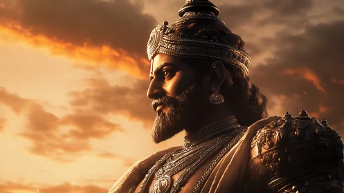 Cinematic 3D profile of armored ancient ruler at sunset