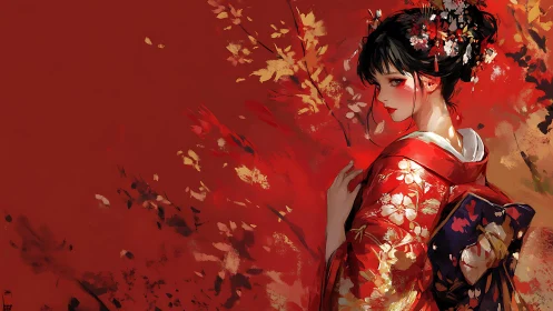 Woman in red floral kimono against abstract red foliage.