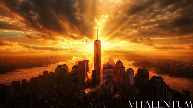 Sunlit skyscraper rises through blazing golden city skies.