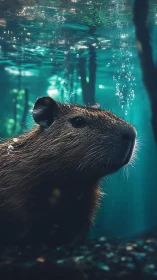 Underwater capybara drifts through teal-lit forest dreams