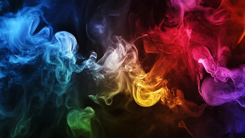 Colorful smoke plumes form luminous gradients on black