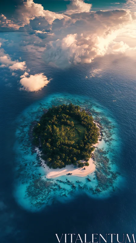 Aerial island vista capturing verdant landmass surrounded by crystalline turquoise waters and dramat