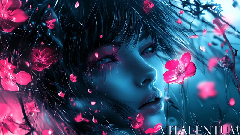 Neon-lit ethereal portrait with glowing cherry blossoms.