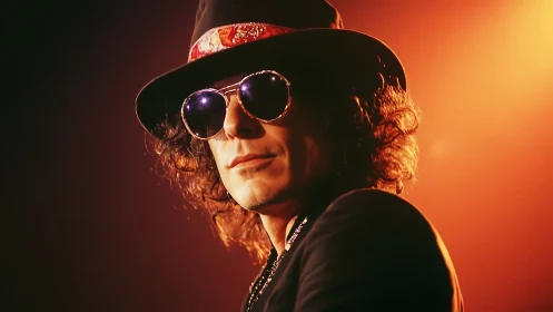 Curly haired musician in hat and sunglasses under warm light
