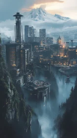 Futuristic canyon city beneath snow capped mountain at dusk.