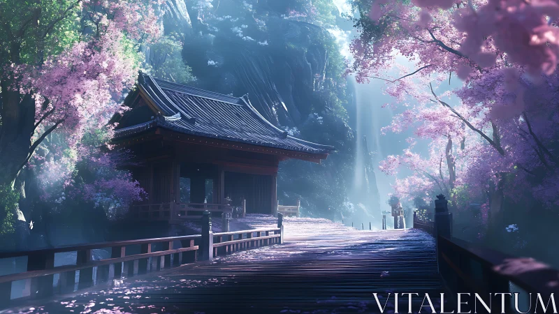 Sunlit temple bridge cradled by drifting cherry blossoms.