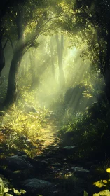 Enchanted Forest Path Bathed in Golden Light.