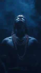 Mystic ascetic silhouette under blue cinematic smoke.