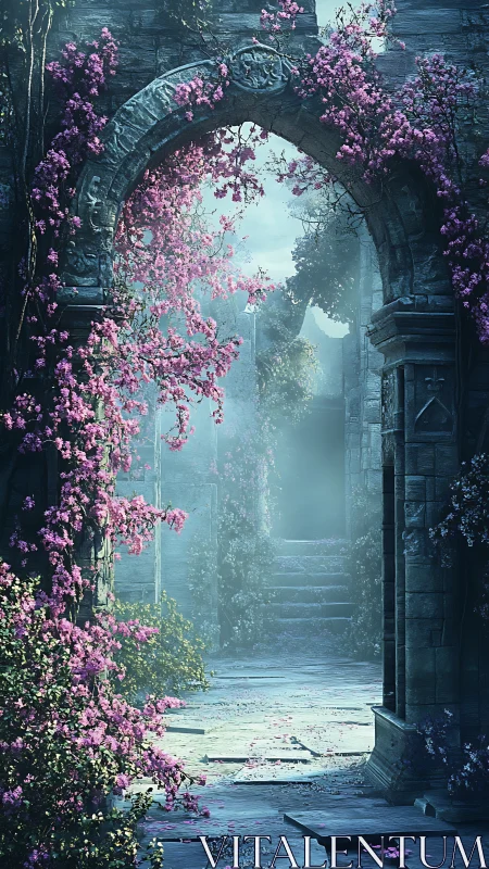 Digital painting of floral-enveloped ruined stone archway.
