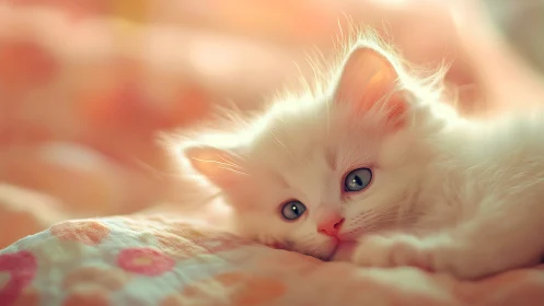 White Kitten with Blue Eyes Resting on Patterned Cushion