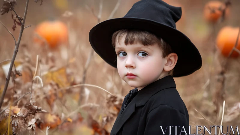 Young Boy in Black Hat Posed Among Autumn Pumpkin Vines