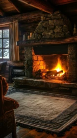 Rustic log cabin fireplace with active fire and stone chimney.