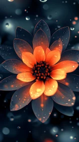 Midnight ember blossom glowing through silver rainfall.