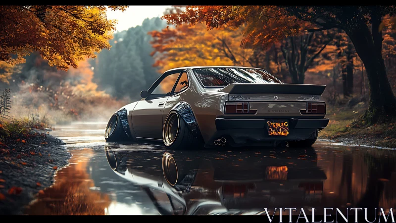 Autumn‑low rider mirrors stormy skies in a glowing forest pool.