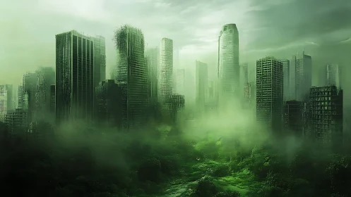 Overgrown skyscraper skyline emerges through dense green fog