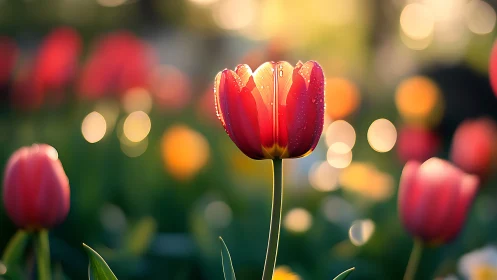 Red tulip specimen with luminescent petals and selective focus depth rendering