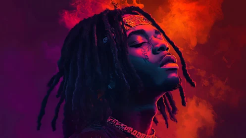 Crowned in neon smoke, a quiet moment of bold confidence.