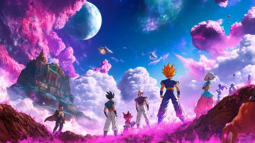 Anime warriors gathered under vivid alien sky.