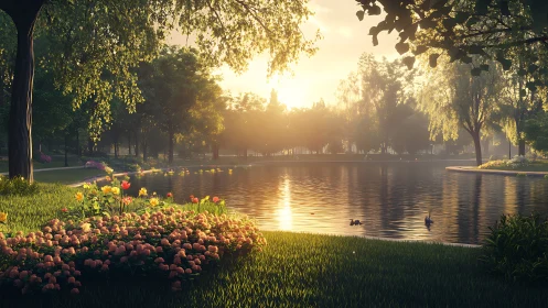 Serene park lake at sunrise with flowers and calm water.