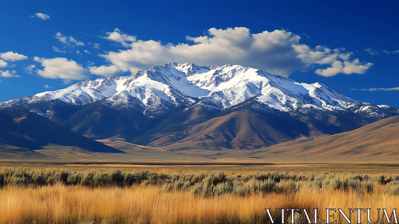 Snowcrowned range under cobalt skies and golden prairie hush.