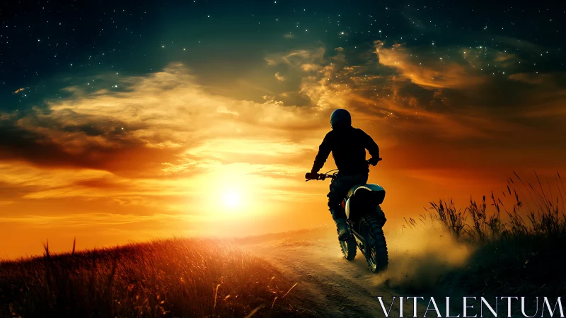 Motorcyclist rides into a blazing dreamlike sunset sky.
