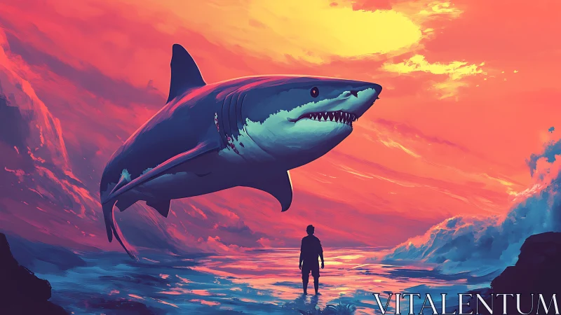 Colossal sunset shark drifts above lone dreamer at shore.
