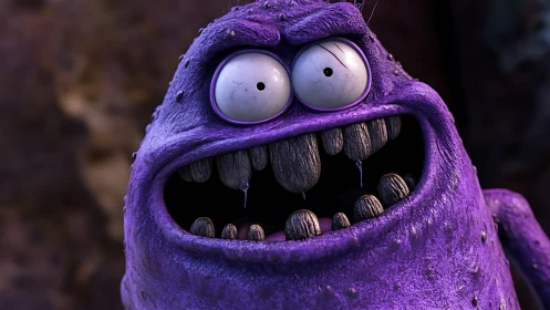 Purple cartoon monster character shows exaggerated shocked grin