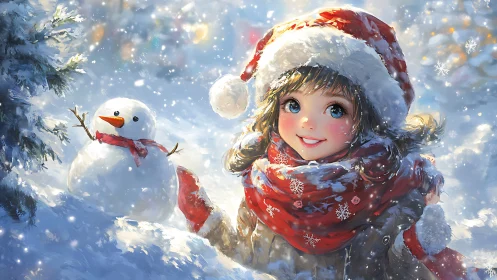 Snowy child and cheerful snowman sharing cozy winter joy.