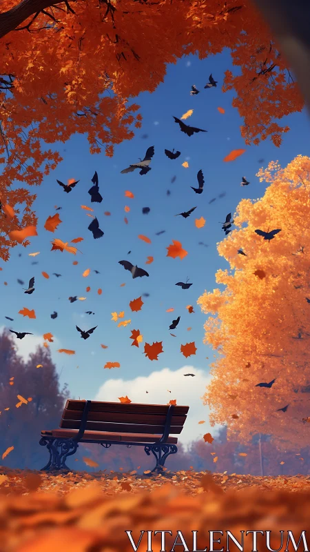 Bench waits patiently beneath swirling bats and autumn leaves