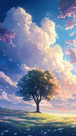 Solitary meadow tree beneath luminous pastel skyscape.