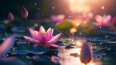 Pink water lotus flower with glowing bokeh lights at sunset.
