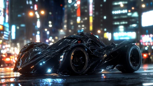 Low-slung aerodynamic hypercar rendered in wet neon-lit city street