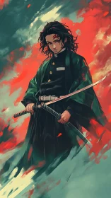 Sword-wielding warrior stands in storm of red teal light