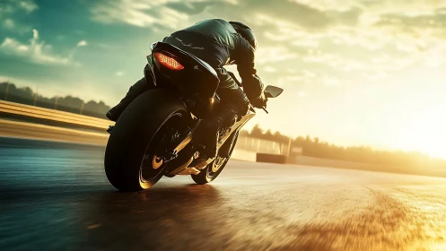 Sunlit superbike leaning hard into high-speed racetrack corner.