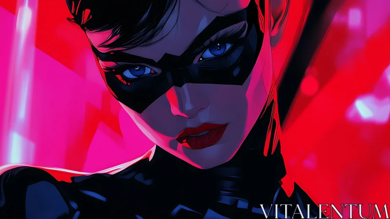 Masked vigilante portrait under neon magenta backlight.