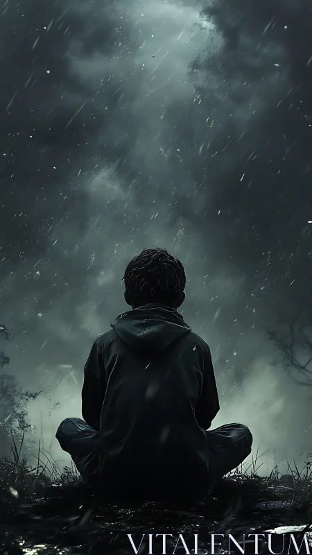 Solitary child meditating beneath a storm darkened sky.