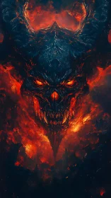 Demonic horned skull emerges through molten inferno vortex