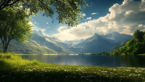 Sunlit alpine lake with dramatic snow-capped mountain range.