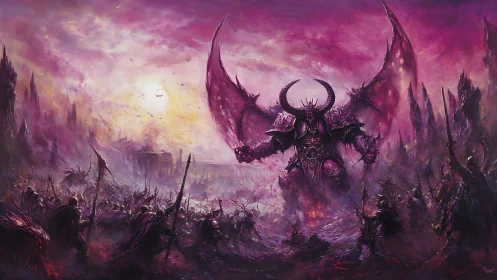 Apocalyptic demon warlord in violet battlefield digital painting.