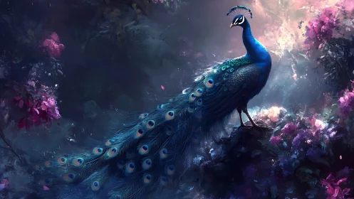 Digital artwork of blue peacock in luminous garden setting.