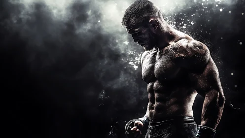 Brooding fighter in dramatic high-contrast digital lighting.