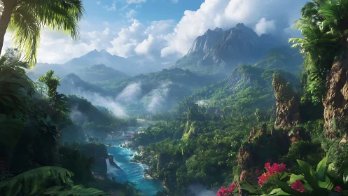 Tropical Mountain Valley with River and Lush Vegetation