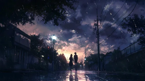 Rain-washed dusk street with silhouetted couple walking home.