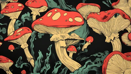 Bold red toadstools drift through swirling dark forest night.