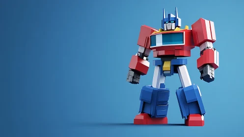 Blocky red and blue robot toy model on blue background.