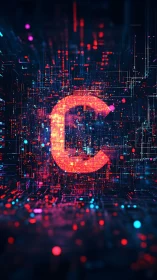 Glowing cyber C monogram inside dense neon dataplex grid.