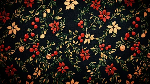 Festive poinsettia and holly pattern glows on dark fabric.