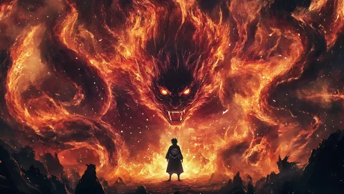 Fiery demon construct confronting lone cloaked silhouette figure