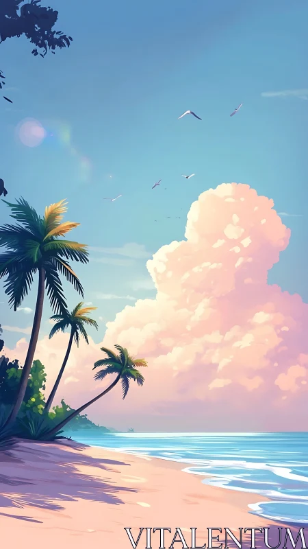 Tropical Beach at Sunrise with Pink Clouds and Palm Trees